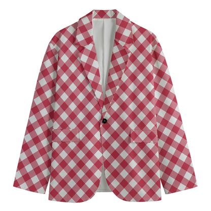 Cardinal Red And White Gingham Print Men's Blazer
