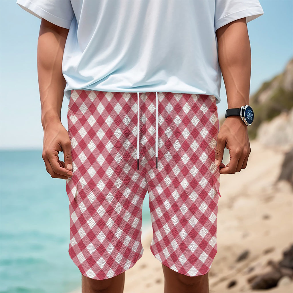 Cardinal Red And White Gingham Print Men's Cargo Shorts