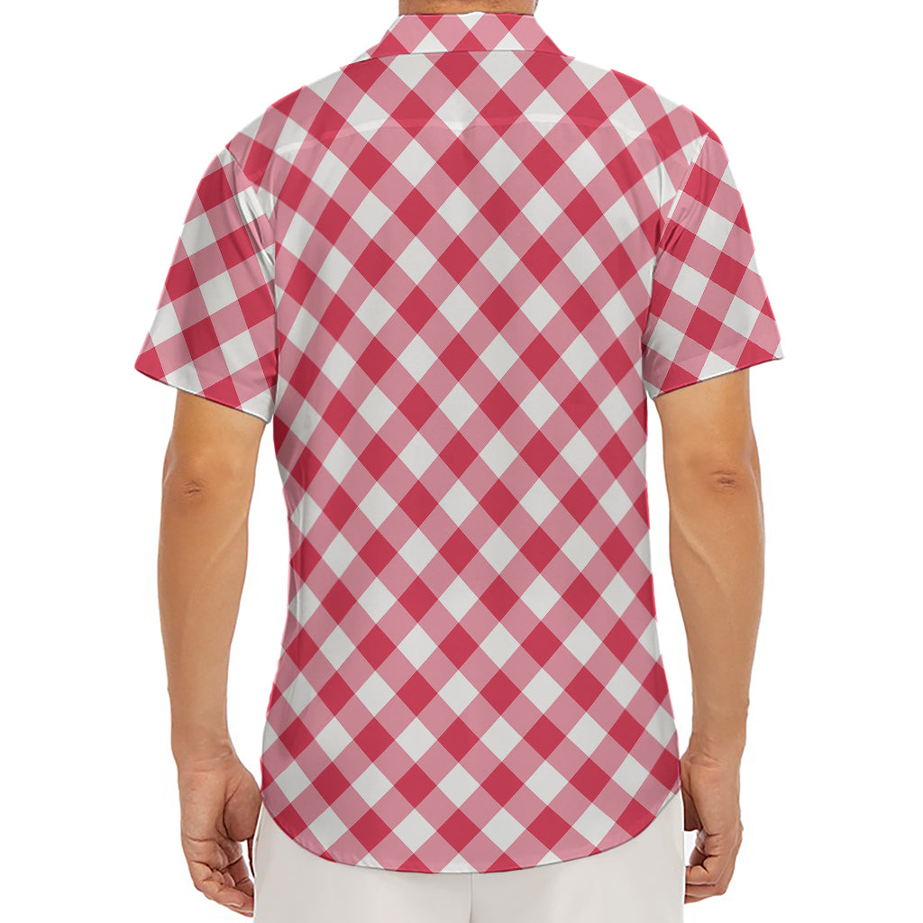 Cardinal Red And White Gingham Print Men's Deep V-Neck Shirt