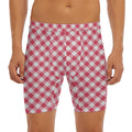 Cardinal Red And White Gingham Print Men's Long Boxer Briefs