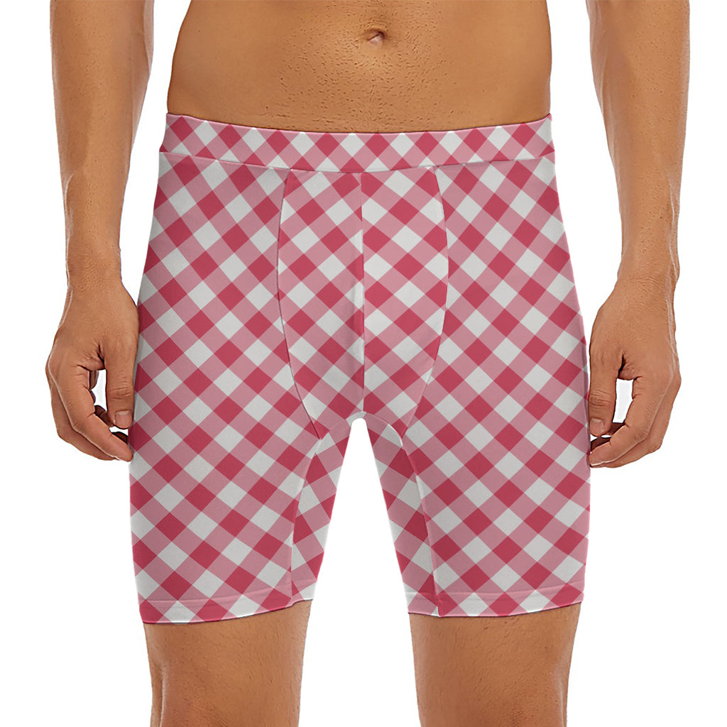 Cardinal Red And White Gingham Print Men's Long Boxer Briefs