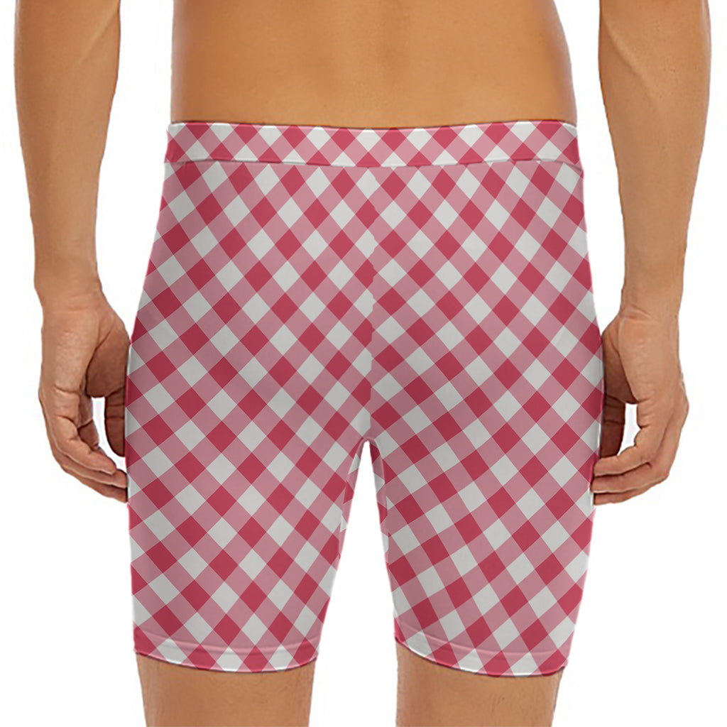 Cardinal Red And White Gingham Print Men's Long Boxer Briefs