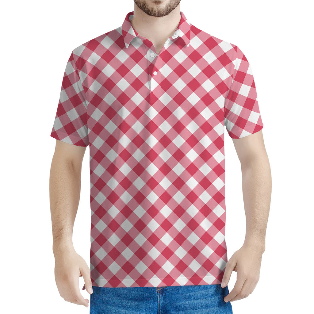 Cardinal Red And White Gingham Print Men's Polo Shirt