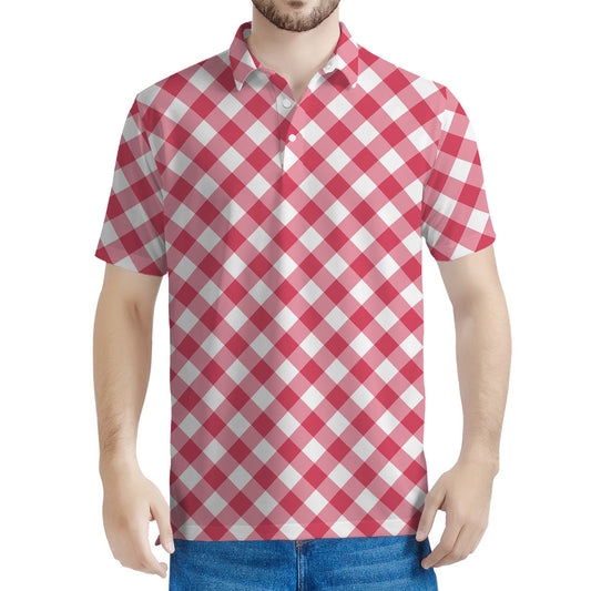 Cardinal Red And White Gingham Print Men's Polo Shirt