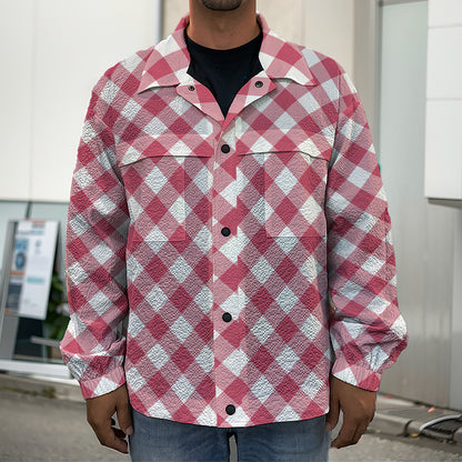 Cardinal Red And White Gingham Print Men's Shirt Jacket