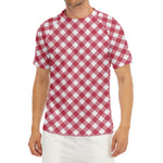 Cardinal Red And White Gingham Print Men's Short Sleeve Rash Guard