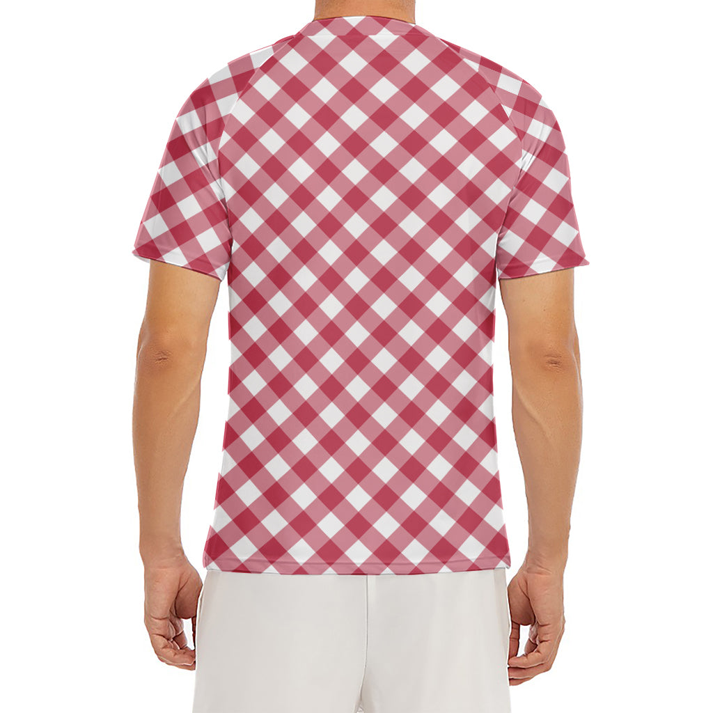 Cardinal Red And White Gingham Print Men's Short Sleeve Rash Guard