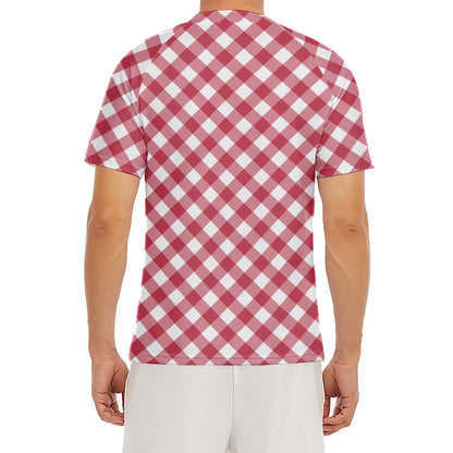 Cardinal Red And White Gingham Print Men's Short Sleeve Rash Guard