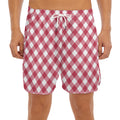 Cardinal Red And White Gingham Print Men's Split Running Shorts
