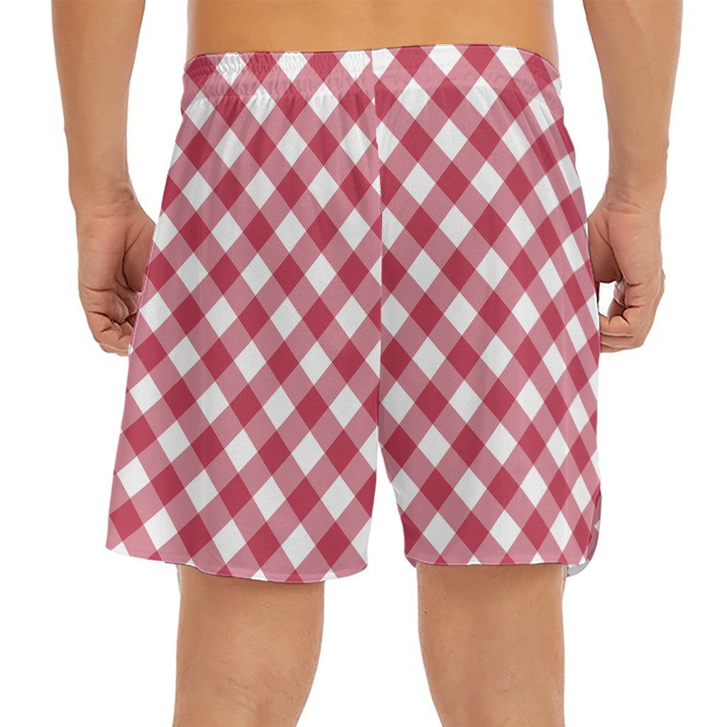 Cardinal Red And White Gingham Print Men's Split Running Shorts