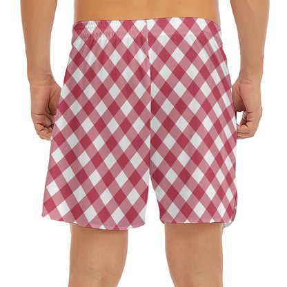 Cardinal Red And White Gingham Print Men's Split Running Shorts