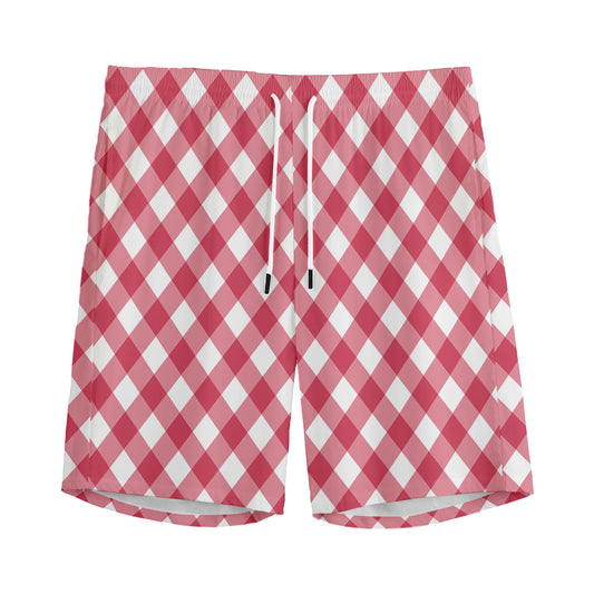 Cardinal Red And White Gingham Print Men's Sports Shorts