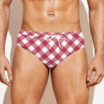 Cardinal Red And White Gingham Print Men's Swim Briefs