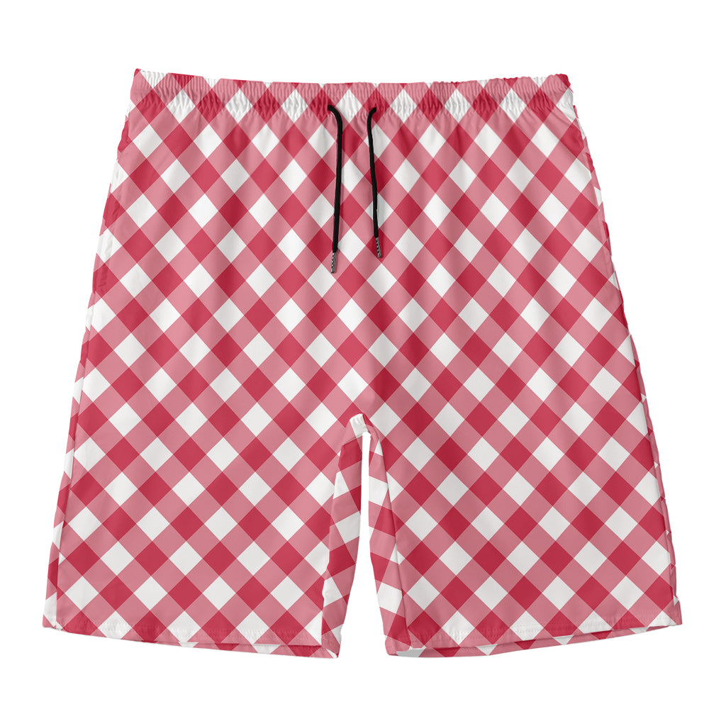 Cardinal Red And White Gingham Print Men's Swim Trunks