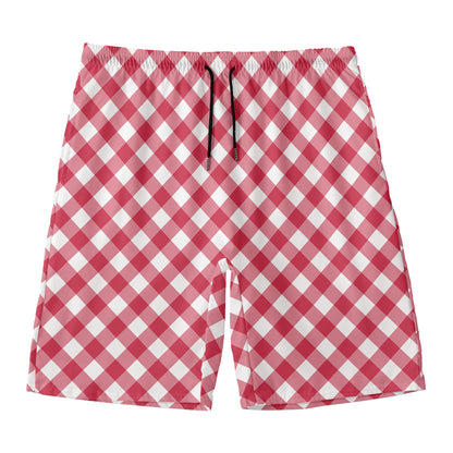 Cardinal Red And White Gingham Print Men's Swim Trunks