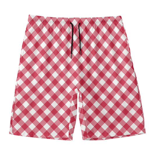 Cardinal Red And White Gingham Print Men's Swim Trunks