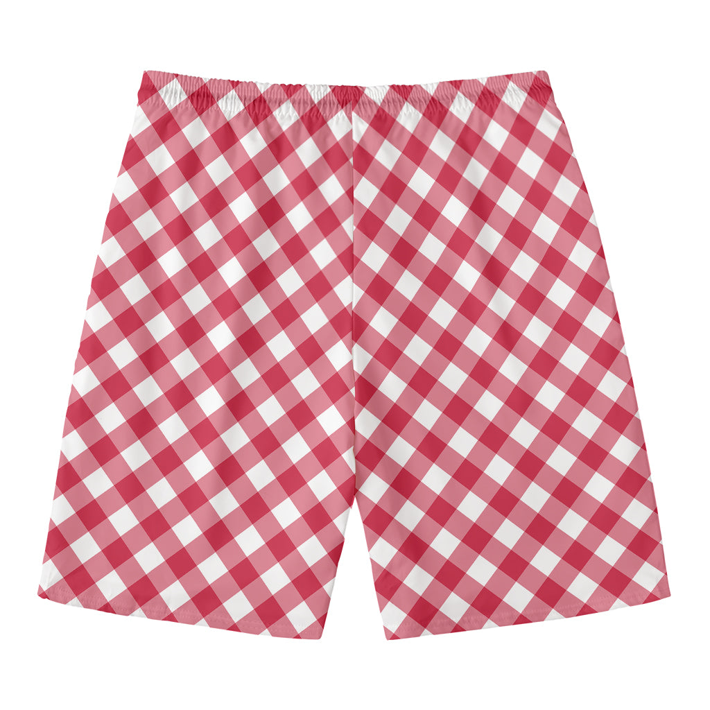 Cardinal Red And White Gingham Print Men's Swim Trunks