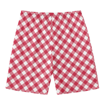 Cardinal Red And White Gingham Print Men's Swim Trunks