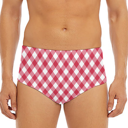 Cardinal Red And White Gingham Print Men's Triangle Swim Briefs