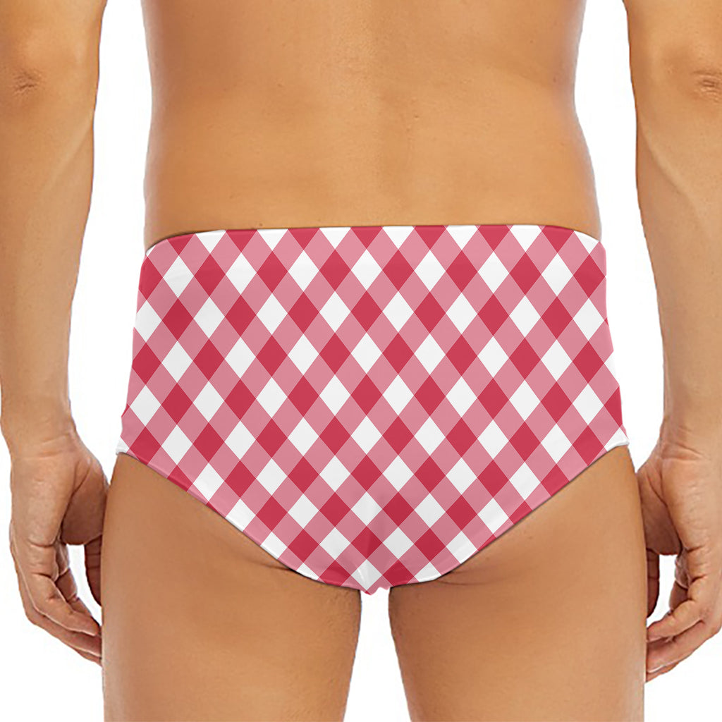 Cardinal Red And White Gingham Print Men's Triangle Swim Briefs