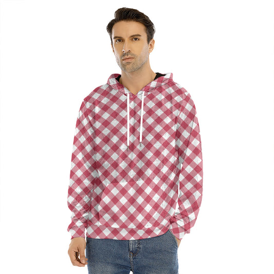 Cardinal Red And White Gingham Print Men's Velvet Pullover Hoodie