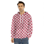Cardinal Red And White Gingham Print Men's Velvet Pullover Hoodie
