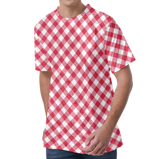Cardinal Red And White Gingham Print Men's Velvet T-Shirt