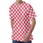 Cardinal Red And White Gingham Print Men's Velvet T-Shirt