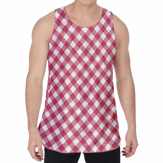 Cardinal Red And White Gingham Print Men's Velvet Tank Top