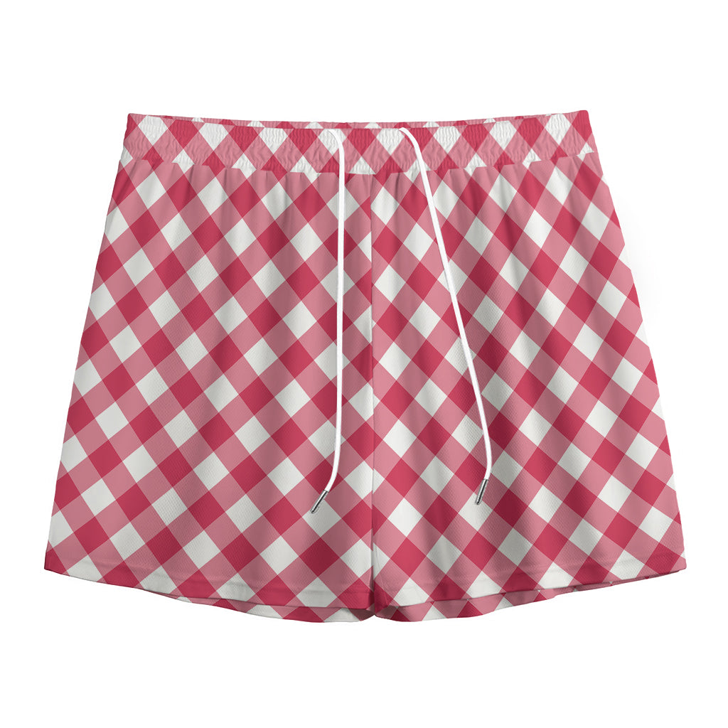 Cardinal Red And White Gingham Print Mesh Shorts
