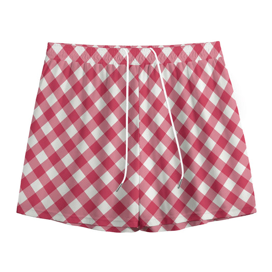 Cardinal Red And White Gingham Print Mesh Shorts