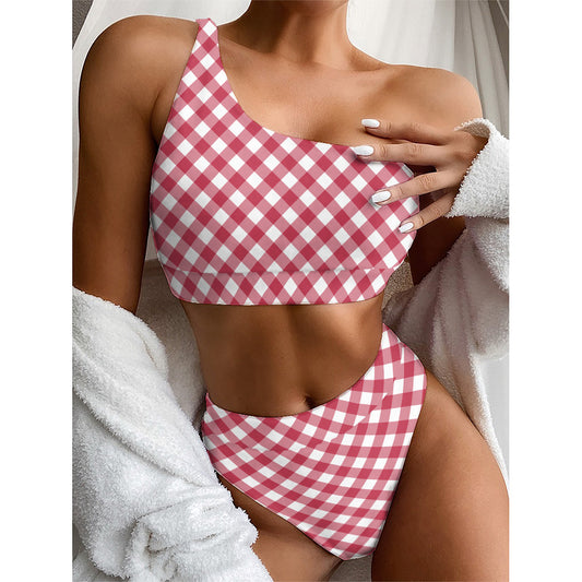 Cardinal Red And White Gingham Print One Shoulder Bikini Top