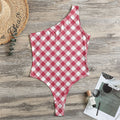 Cardinal Red And White Gingham Print One Shoulder Bodysuit