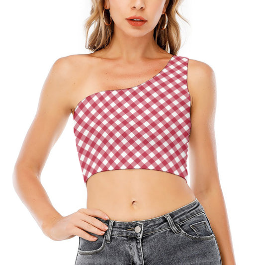 Cardinal Red And White Gingham Print One Shoulder Crop Top