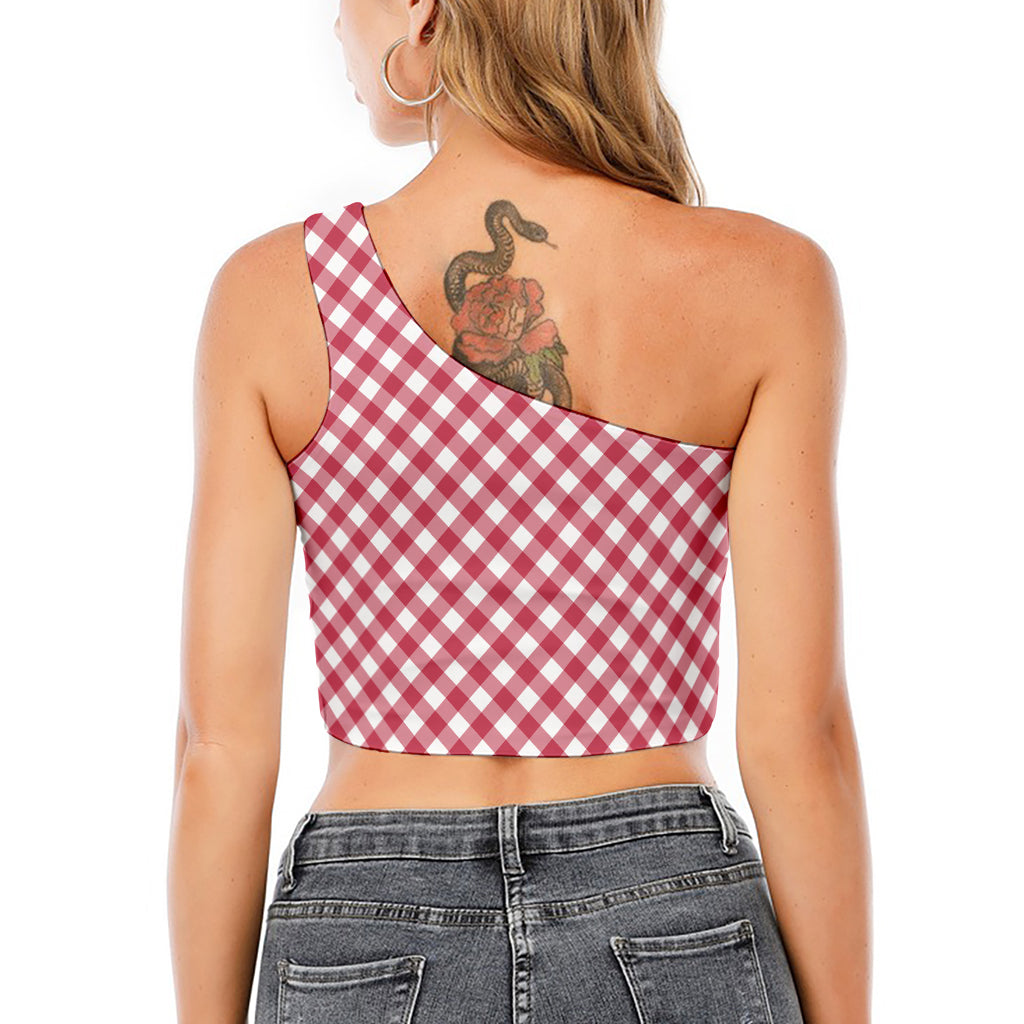 Cardinal Red And White Gingham Print One Shoulder Crop Top