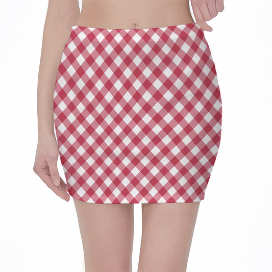 Cardinal Red And White Gingham Print Pencil Mini Skirt