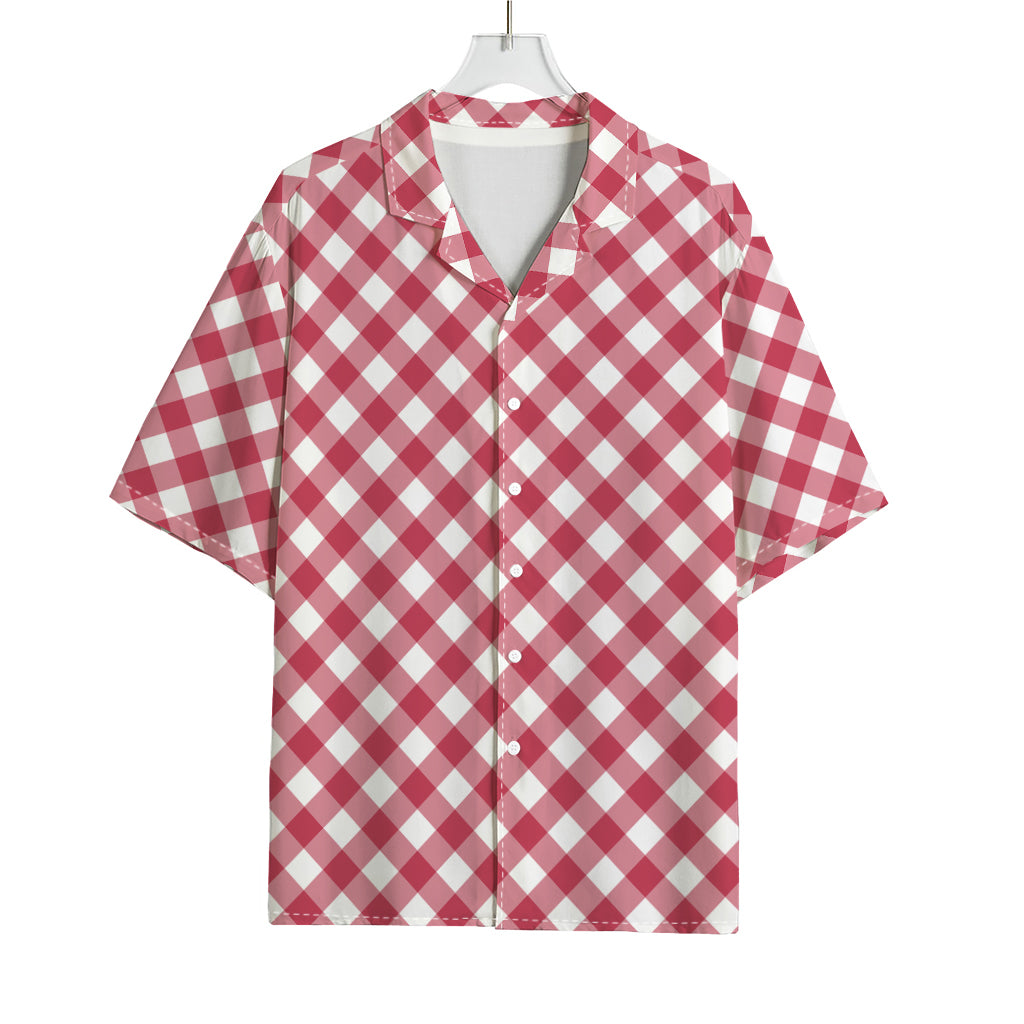 Cardinal Red And White Gingham Print Rayon Hawaiian Shirt