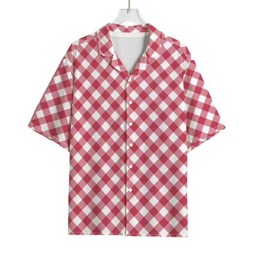 Cardinal Red And White Gingham Print Rayon Hawaiian Shirt