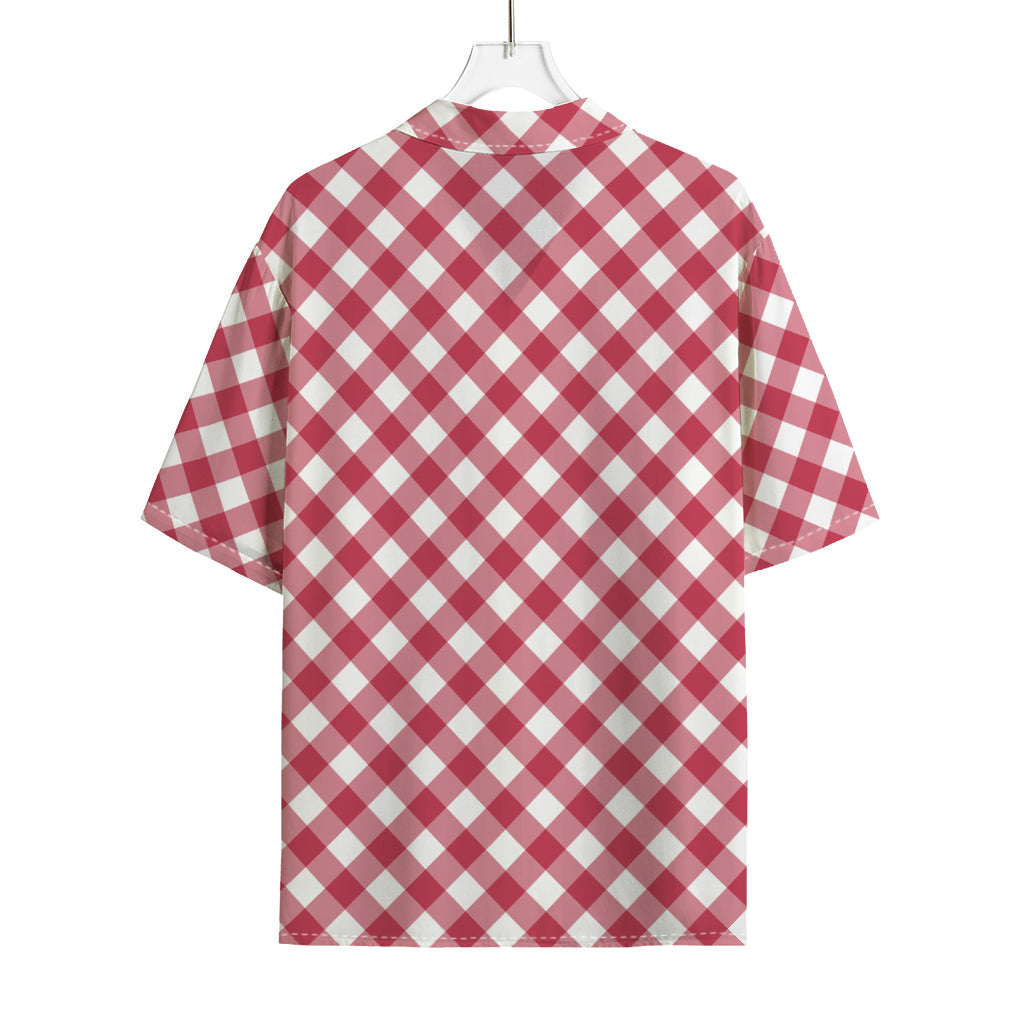 Cardinal Red And White Gingham Print Rayon Hawaiian Shirt
