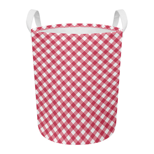 Cardinal Red And White Gingham Print Round Laundry Basket