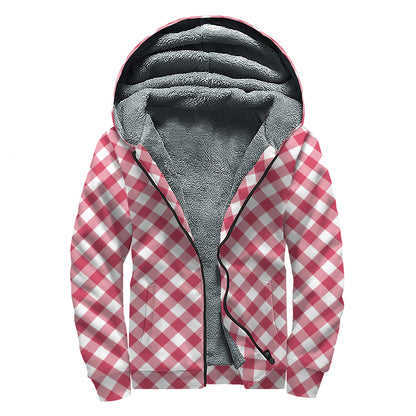 Cardinal Red And White Gingham Print Sherpa Lined Zip Up Hoodie