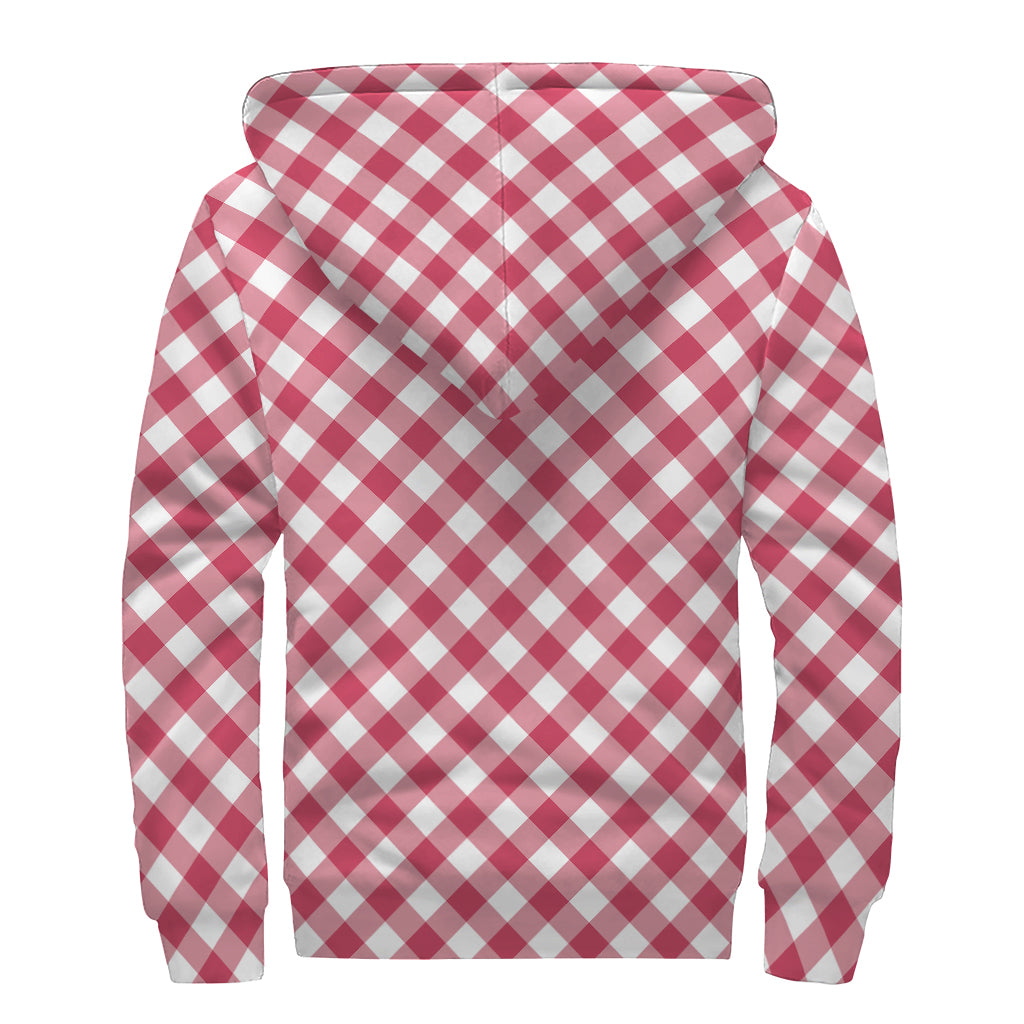 Cardinal Red And White Gingham Print Sherpa Lined Zip Up Hoodie