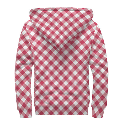Cardinal Red And White Gingham Print Sherpa Lined Zip Up Hoodie