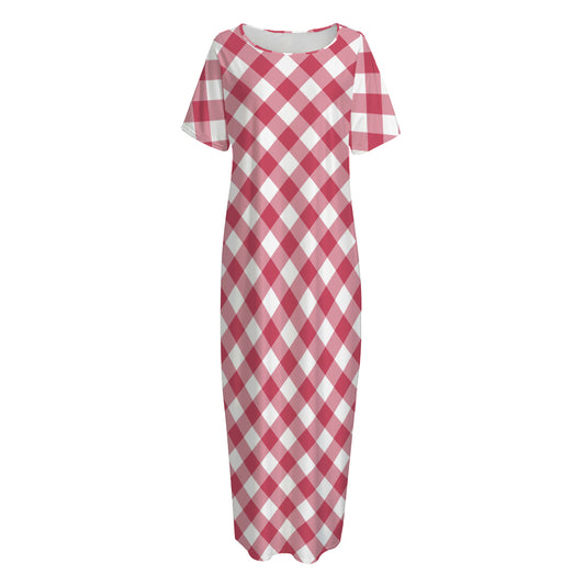 Cardinal Red And White Gingham Print Short Sleeve Long Nightdress