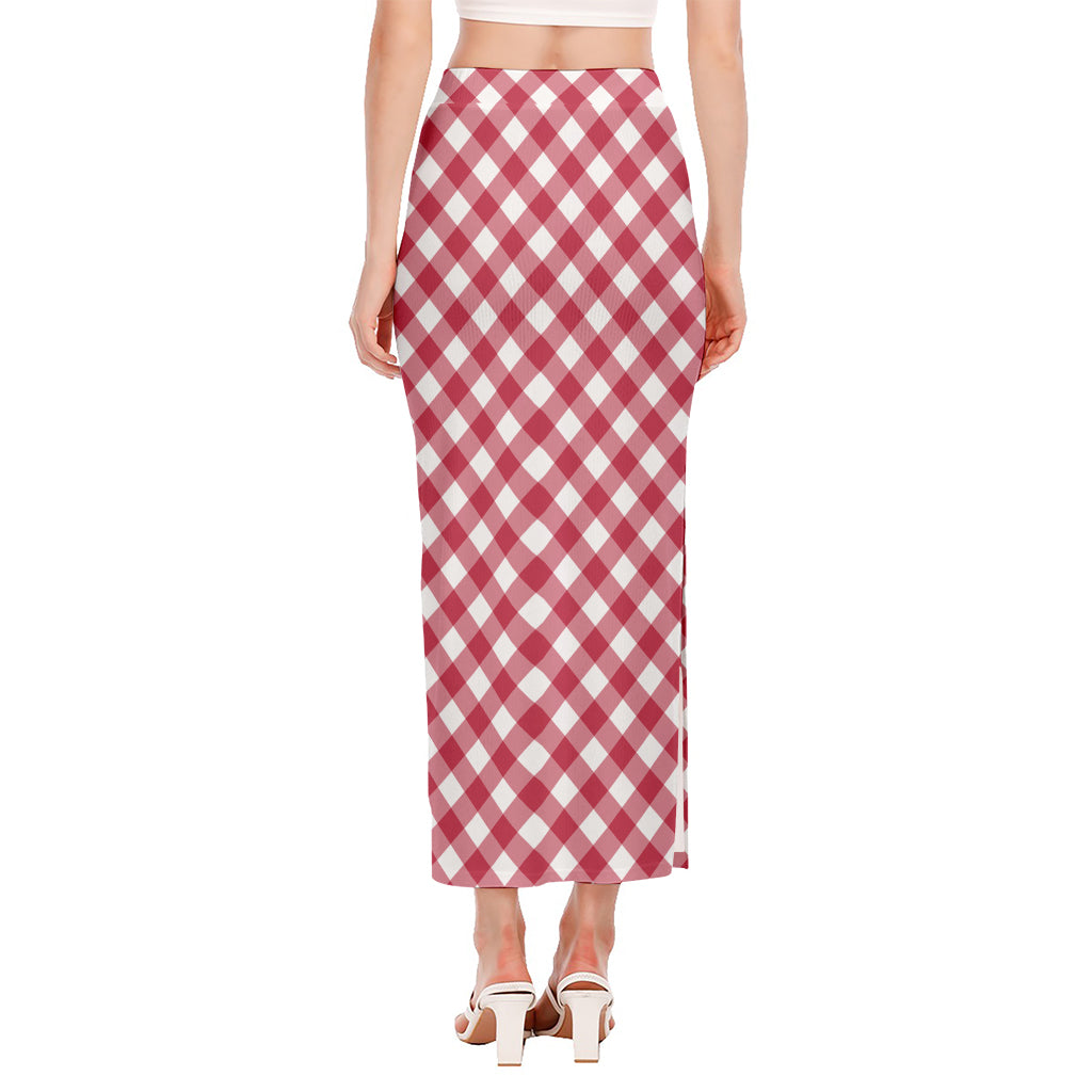 Cardinal Red And White Gingham Print Side Slit Maxi Skirt
