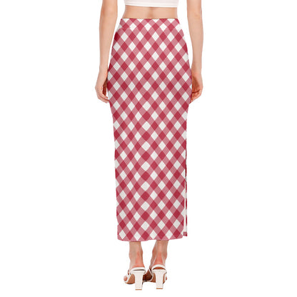 Cardinal Red And White Gingham Print Side Slit Maxi Skirt