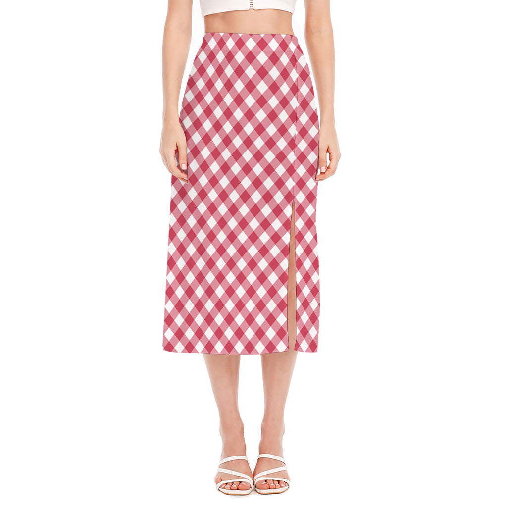 Cardinal Red And White Gingham Print Side Slit Midi Skirt