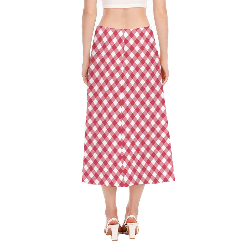 Cardinal Red And White Gingham Print Side Slit Midi Skirt