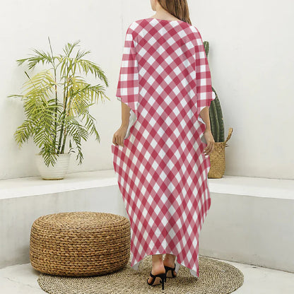 Cardinal Red And White Gingham Print Silk V-Neck Kaftan Dress