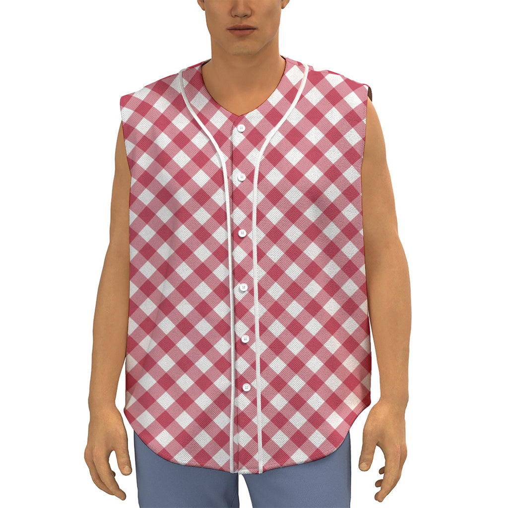 Cardinal Red And White Gingham Print Sleeveless Baseball Jersey